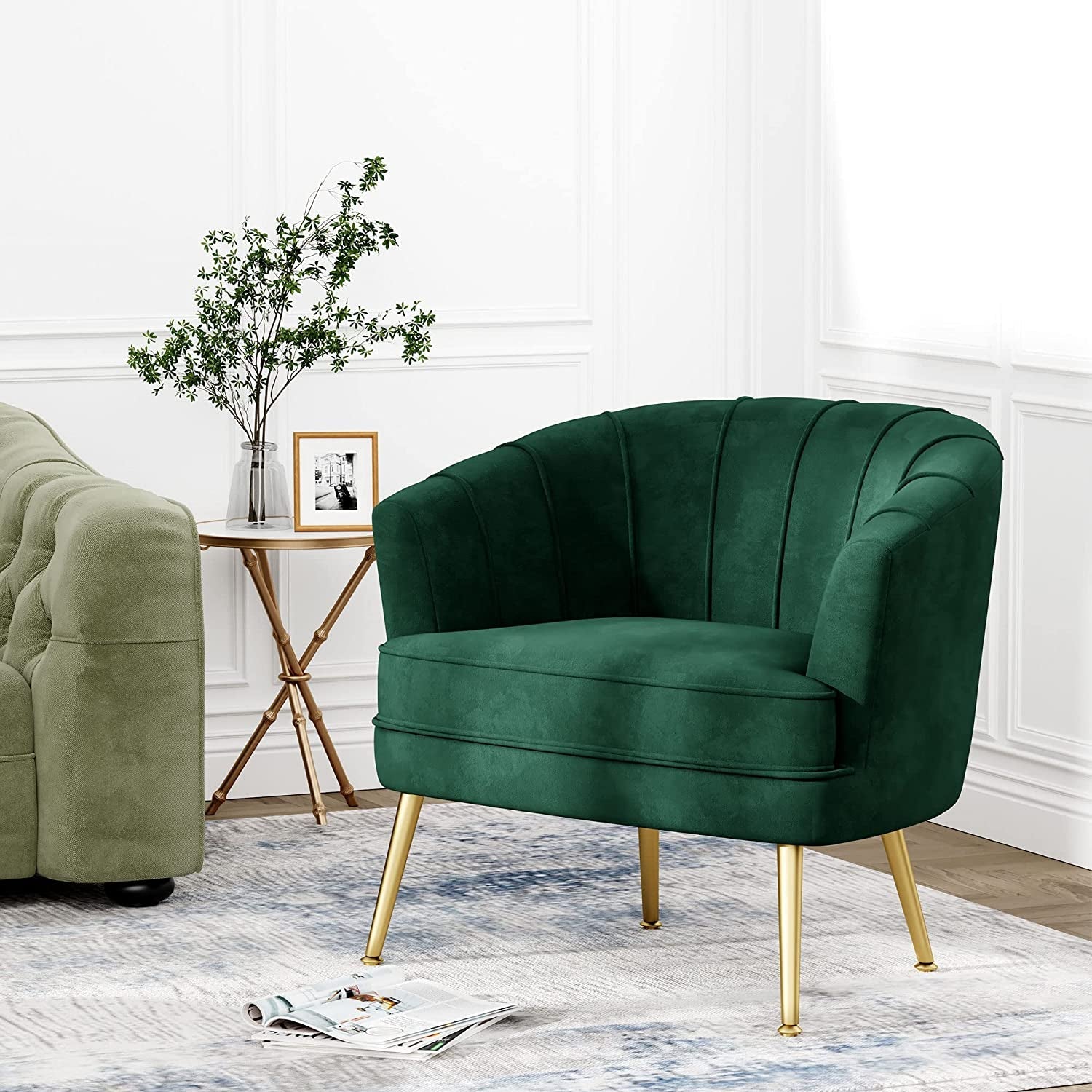 Green Velvet Accent Chair With Gold Legs For Living Room