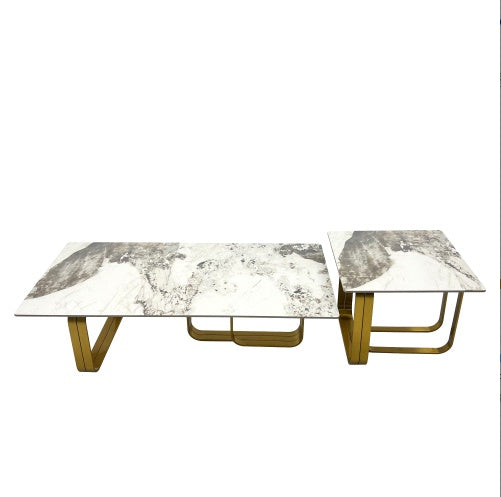 LuneluX_Home – Modern Sintered Stone Coffee Table Set with Gold Frame