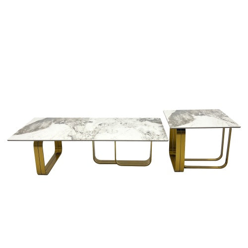 LuneluX_Home – Modern Sintered Stone Coffee Table Set with Gold Frame