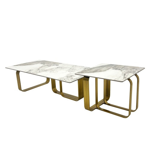 LuneluX_Home – Modern Sintered Stone Coffee Table Set with Gold Frame