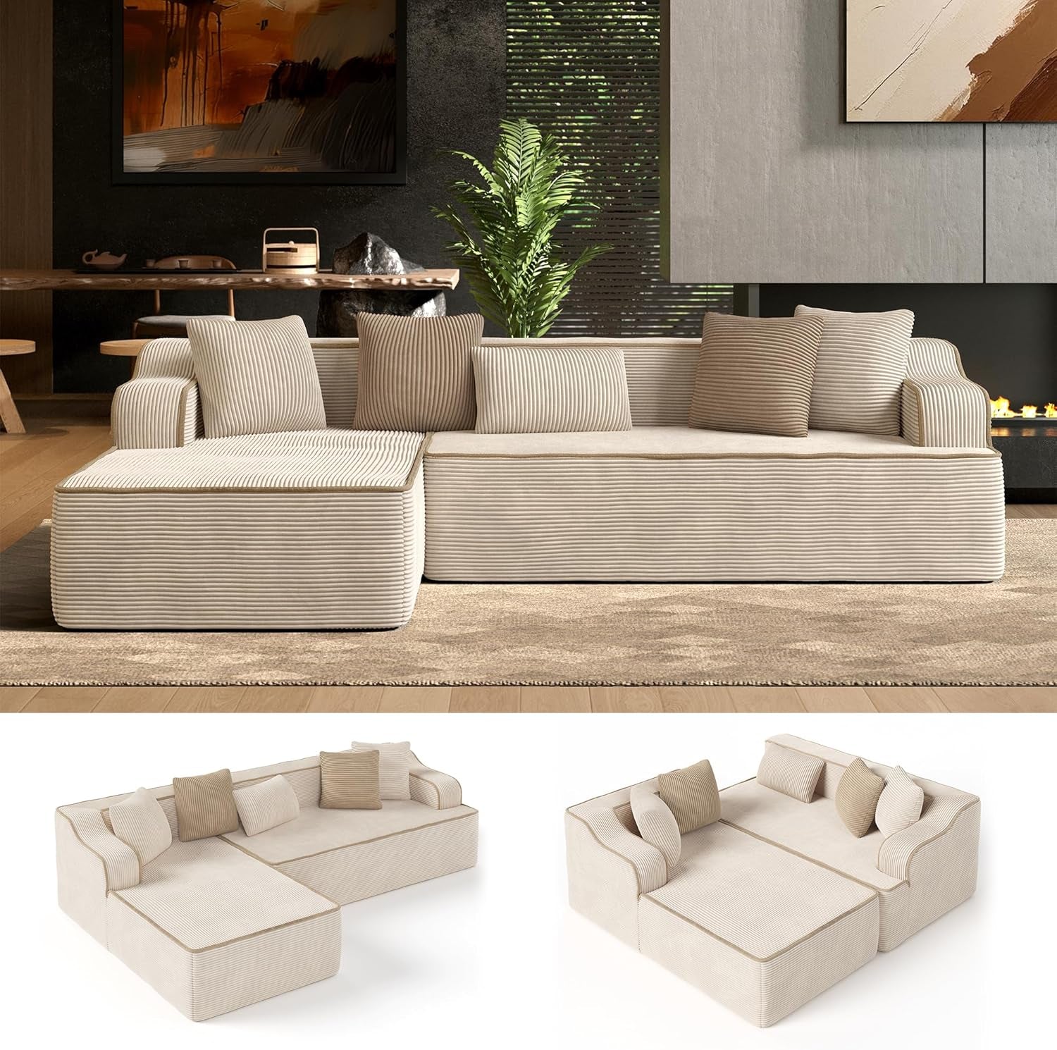 L Shaped Modern Sofa with Chaise and Pillows