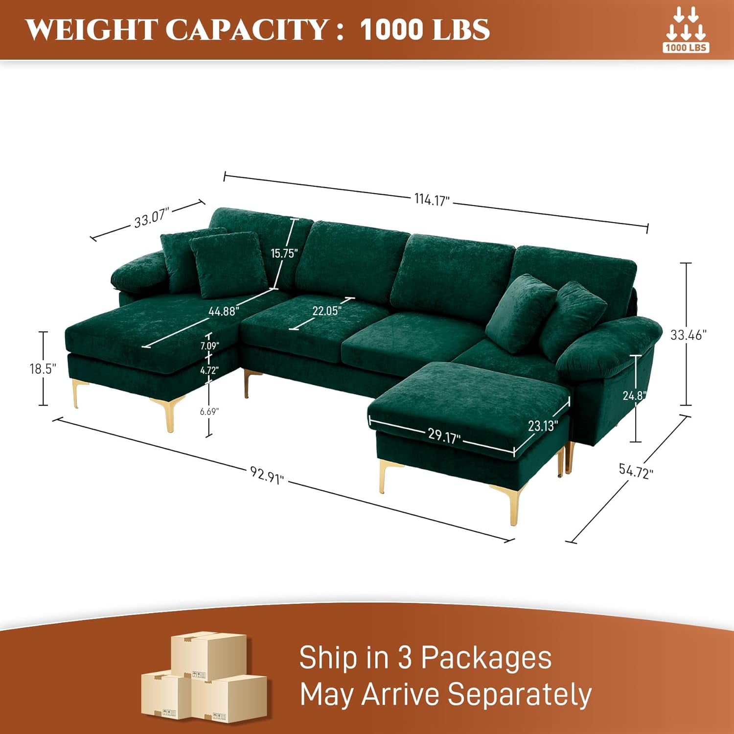 Stylish U Shaped Sectional Sofa Couch with Ottoman